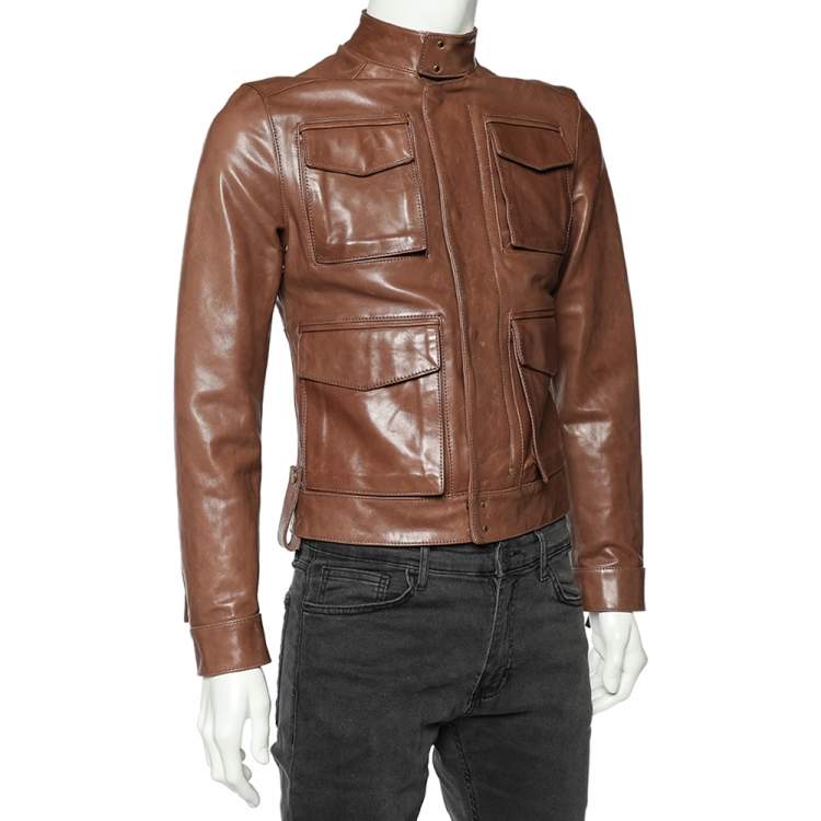 Pre Owned Dsquared2 Brown Leather Stand Collar Jacket S