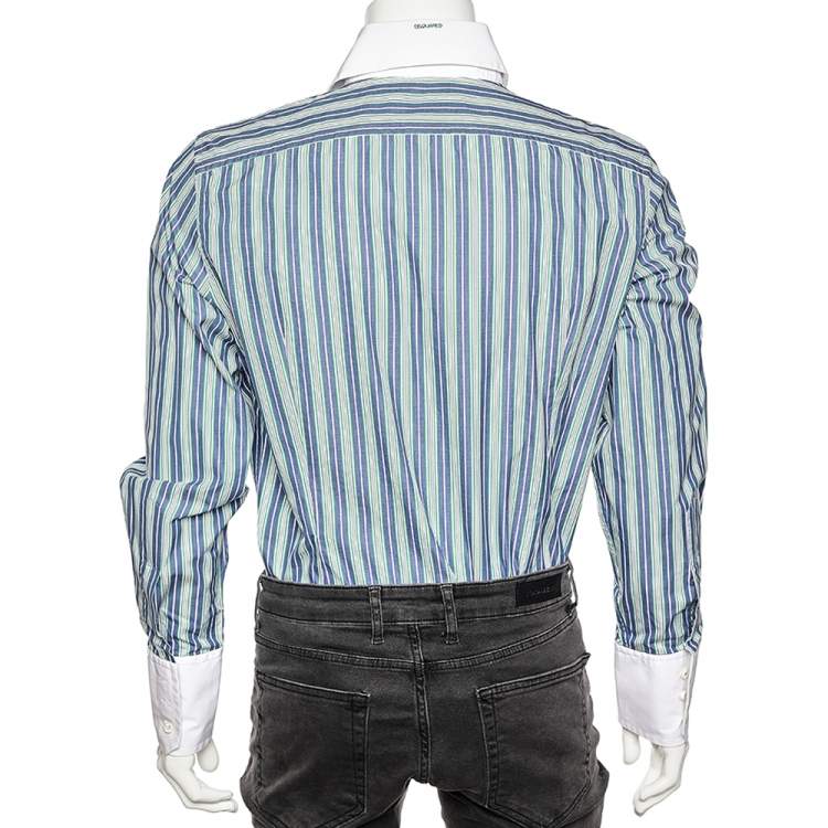 Pre Owned Dsquared2 Blue Striped Cotton Contrast Collar Button Front Shirt XXL