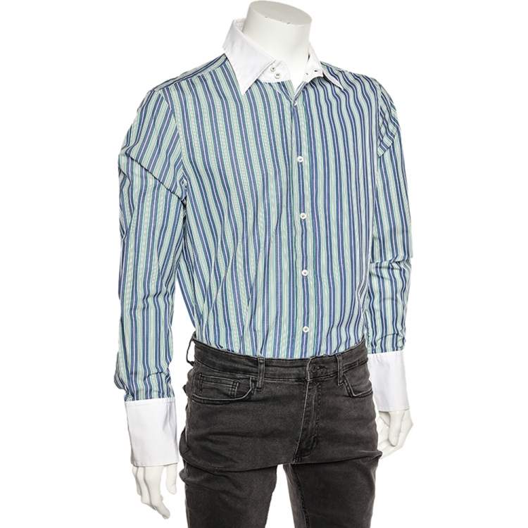 Pre Owned Dsquared2 Blue Striped Cotton Contrast Collar Button Front Shirt XXL