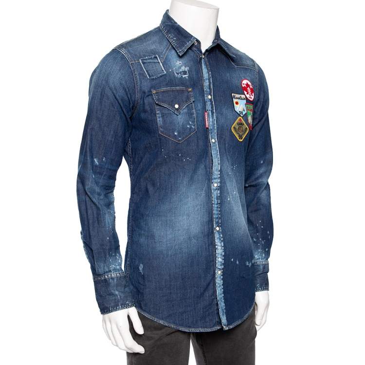 Pre Owned Dsquared2 Blue Distressed Denim Patch Appliqued Button Front Shirt M