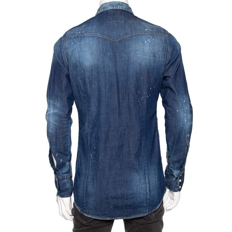 Pre Owned Dsquared2 Blue Distressed Denim Patch Appliqued Button Front Shirt M
