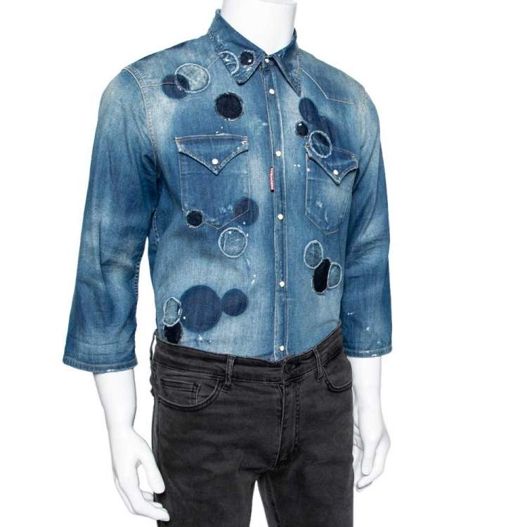 Pre Owned Dsquared2 Blue Distressed Denim Patchwork Detailed Button Front Shirt XXL