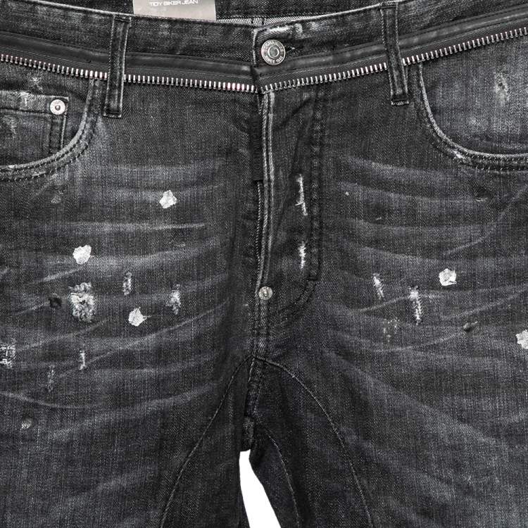 Pre Owned Dsquared2 Black Paint Detail Denim Distressed Tidy Biker Jeans M