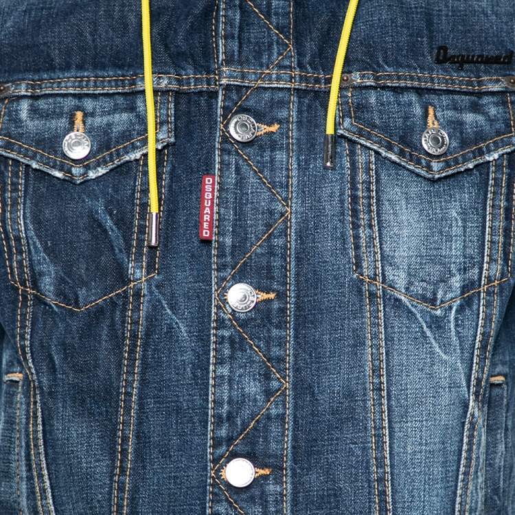 Pre Owned Dsquared2 Distressed Denim & Knit Contrast Lined Hooded Jacket L