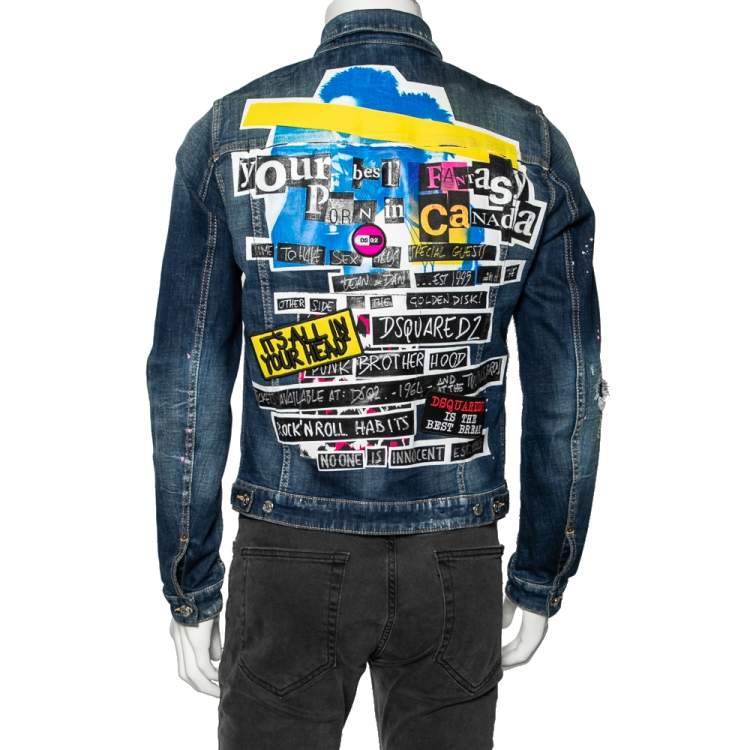 Pre Owned Dsquared2 Blue Printed Distressed Denim Classic Jean Jacket L