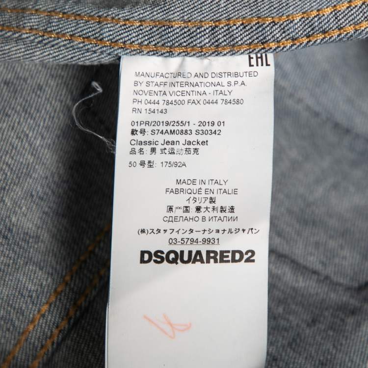 Pre Owned Dsquared2 Blue Printed Distressed Denim Classic Jean Jacket L