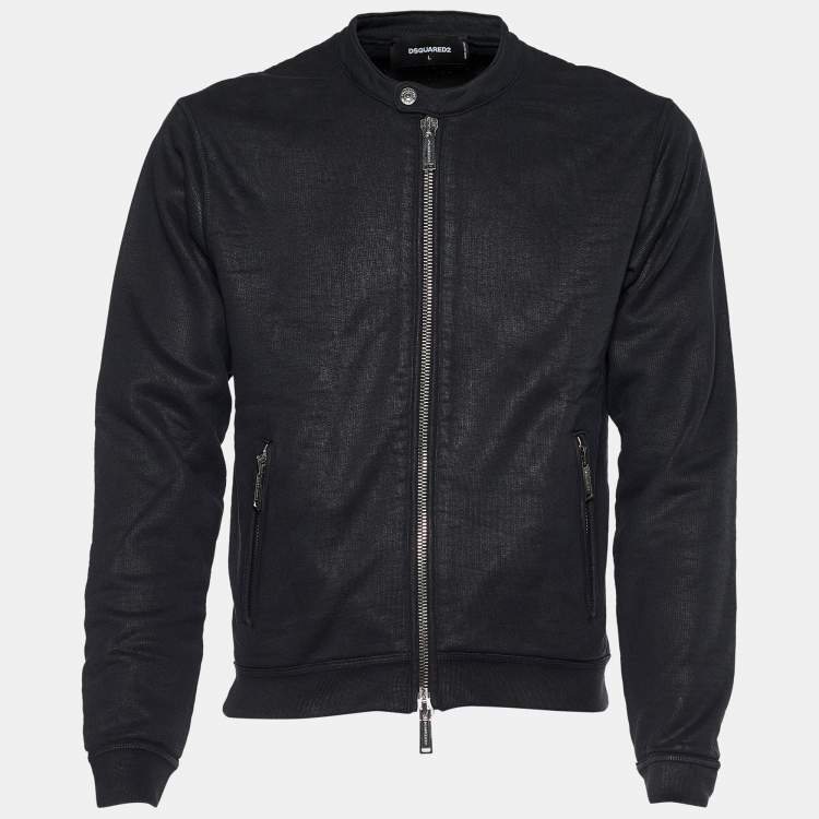 Pre Owned Dsquared2 Black Cotton Knit Foil Print Zip Front Bomber Jacket L