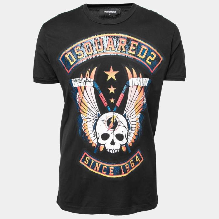 Pre Owned Dsquared2 Black Printed Cotton Short Sleeve T-Shirt M