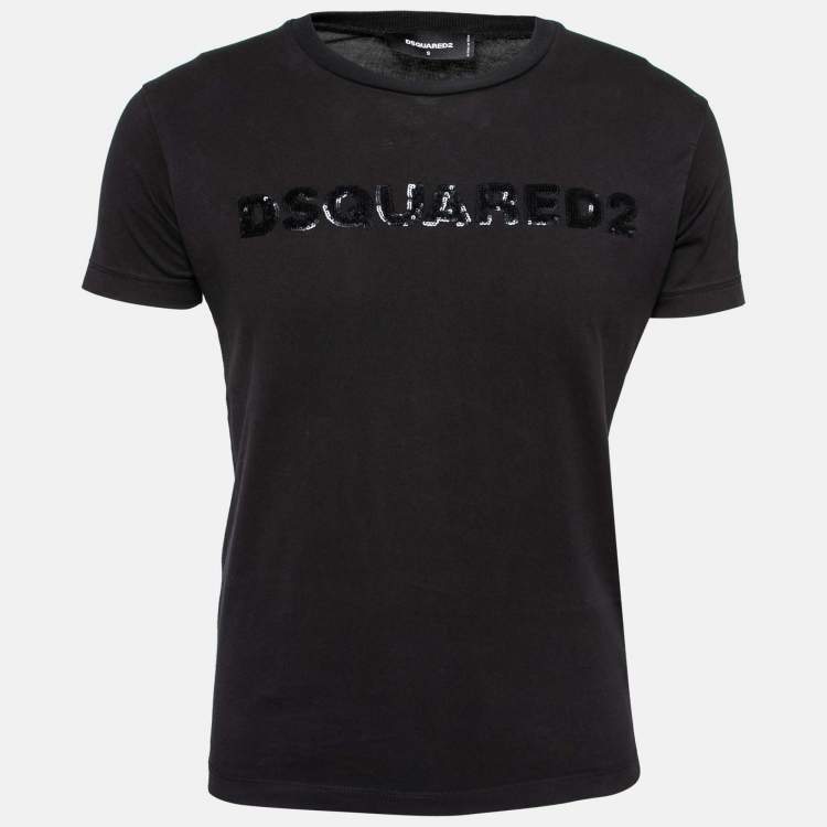 Pre Owned Dsquared2 Black Stretch Cotton Logo Embellished Short Sleeve T-Shirt S