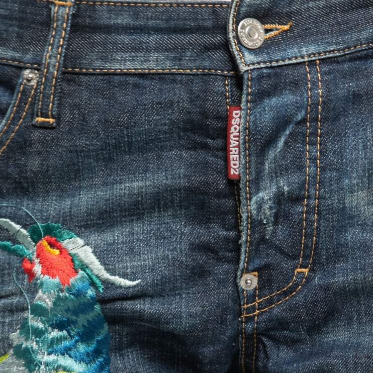 Pre Owned Dsquared2 Navy Blue Birds Embroidered Denim Distressed Sexy Twist Jeans M Waist 35"