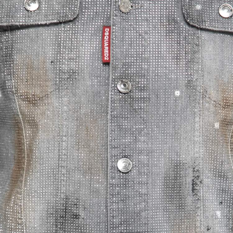 Pre Owned Dsquared2 Grey Splatter Effect Denim Metal Studded Jacket L