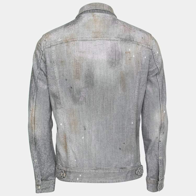 Pre Owned Dsquared2 Grey Splatter Effect Denim Metal Studded Jacket L