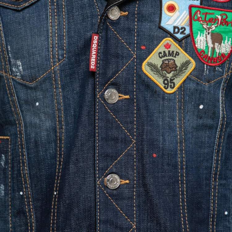 Pre Owned Dsquared2 Navy Blue Denim & Leather Collar Detail Jacket L