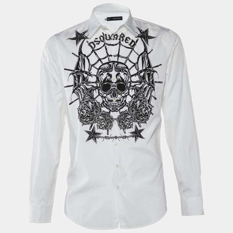 Pre Owned Dsquared2 White Skull Stars Texture Printed Cotton Button Front Shirt XL