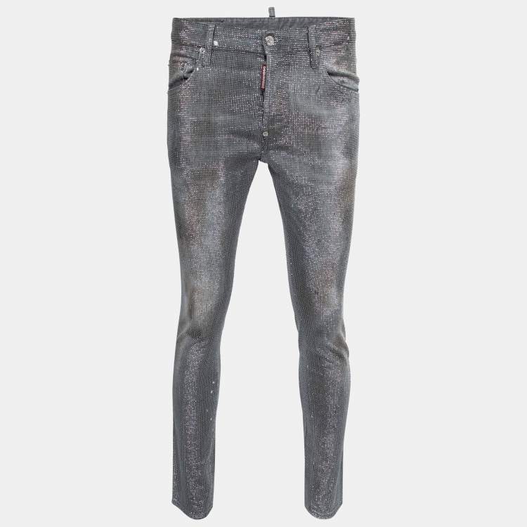 Pre Owned Dsquared2 Grey Distressed Studded Denim Slim Fit Jeans M Waist 34"