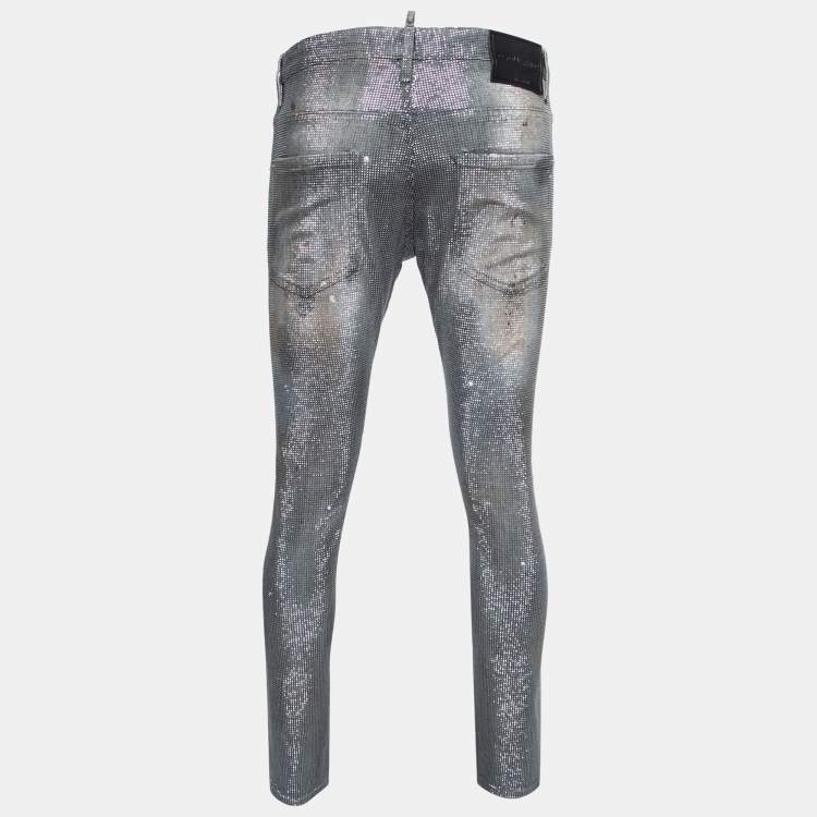 Pre Owned Dsquared2 Grey Distressed Studded Denim Slim Fit Jeans M Waist 34"