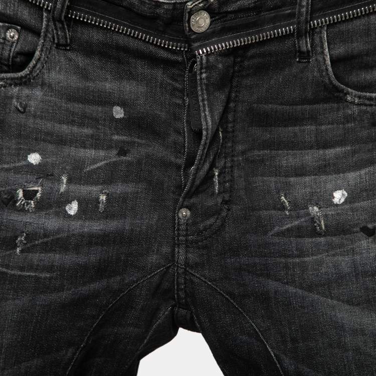 Pre Owned Dsquared2 Dark Grey Distressed Painted Denim Slim Fit Jeans M Waist 33"