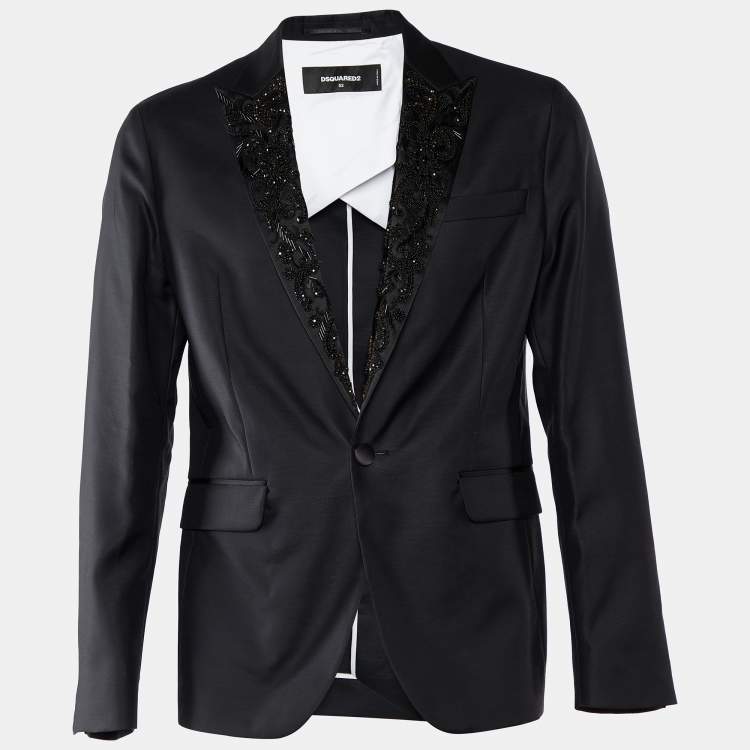 Pre Owned Dsquared2 Black Wool & Silk Embellished Lapel Detail Tuxedo Jacket XL