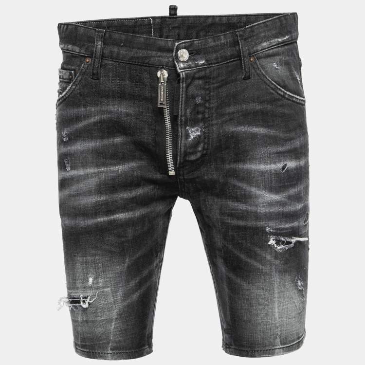 Pre Owned DSquared2 Black Distressed Faded Denim Bermuda Shorts M Waist 31"
