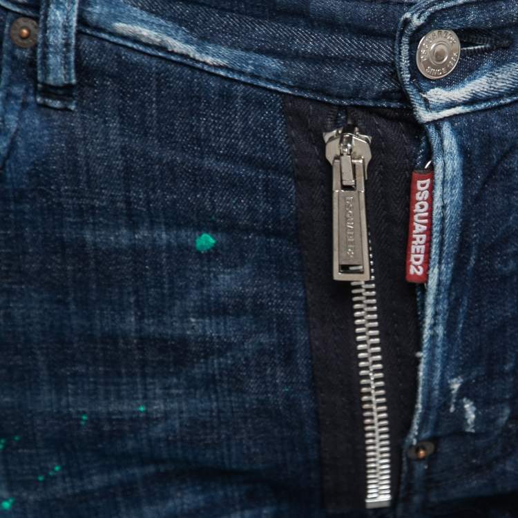 Pre Owned Dsquared2 Blue Distressed Paint Splattered Denim Biker Jeans S Waist 32"
