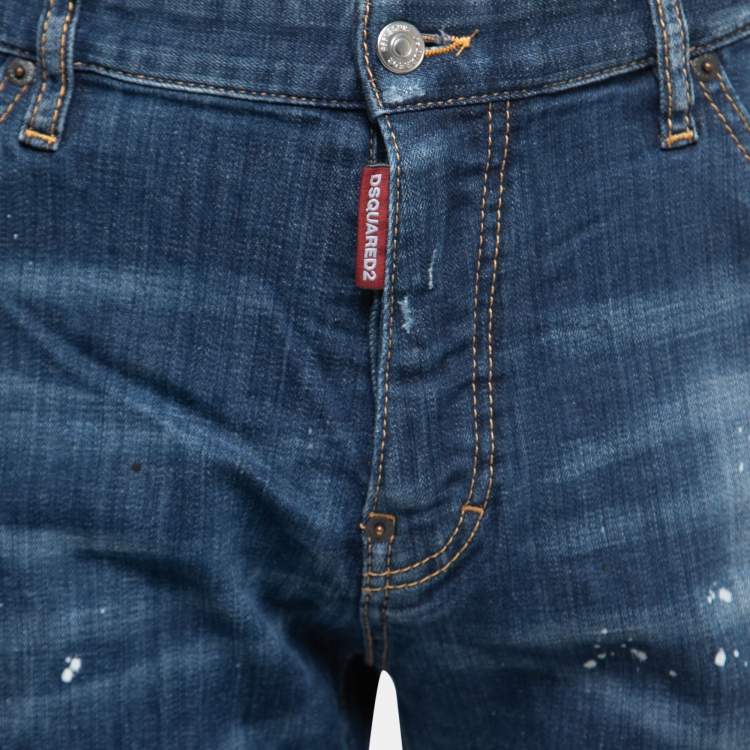 Pre Owned Dsquared2 Blue Faded Effect Denim Splattered Shorts XL Waist 34"
