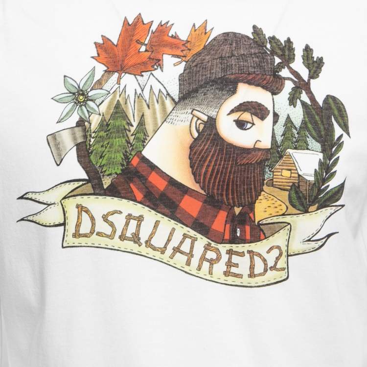 Pre Owned Dsquared2 White Lumberjack Print Cotton Crew Neck T-Shirt M