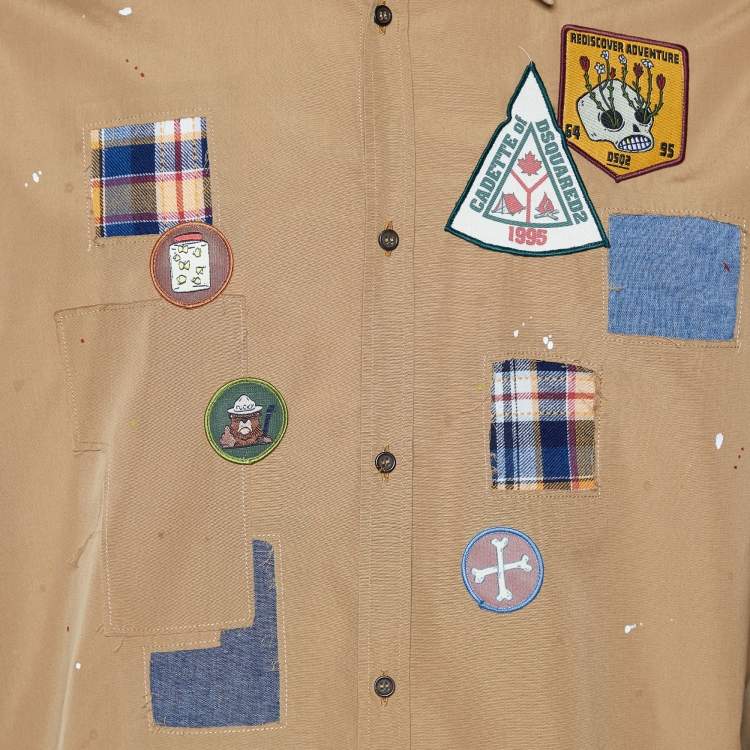 Pre Owned Dsquared2 Brown Cotton Applique Detail Button Front Shirt XL