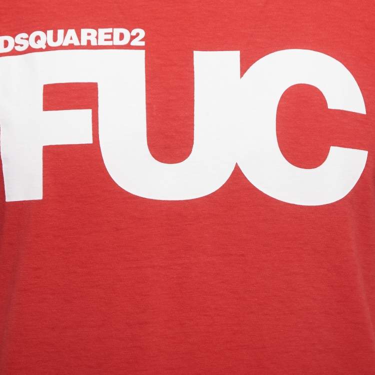 Pre Owned Dsquared2 Red Logo Print Cotton Crew Neck Half Sleeve T-Shirt M