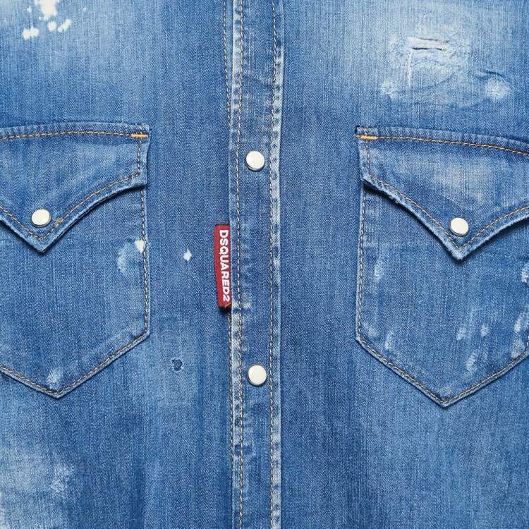 Pre Owned Dsquared2 Blue Washed & Distressed Denim Button Front Shirt L