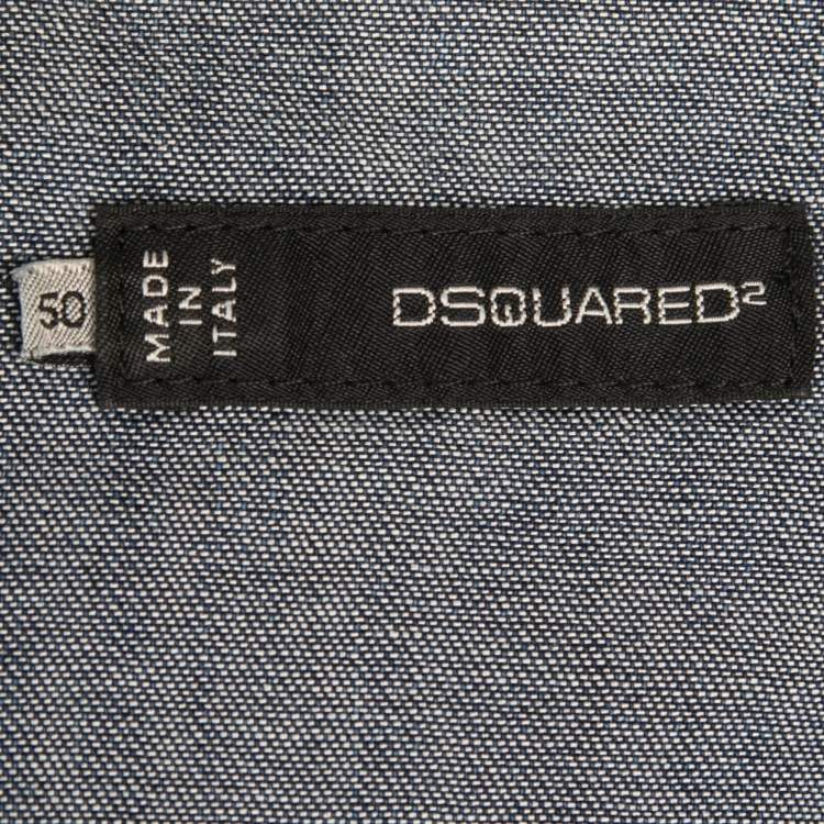 Pre Owned Dsquared2 Blue Washed Denim Raphia Trimmed Button Front Full Sleeve Shirt L