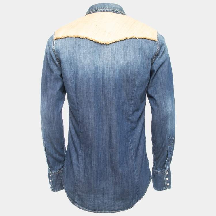 Pre Owned Dsquared2 Blue Washed Denim Raphia Trimmed Button Front Full Sleeve Shirt L