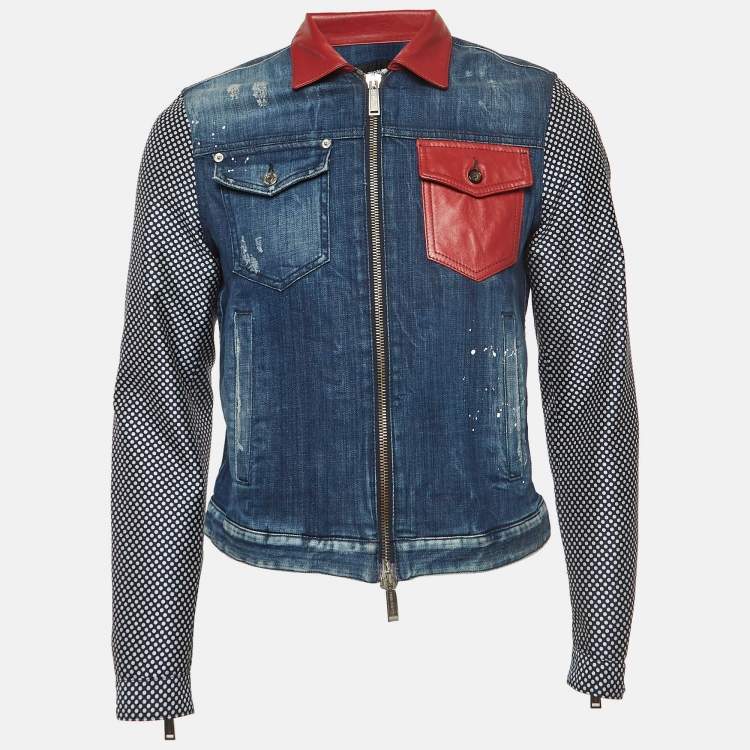Pre Owned Dsquared2 Navy Blue Polka Dots Leather Trim Denim Jacket M