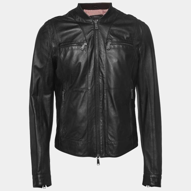 Pre Owned Dsquared2 Black Leather Zipper Front Jacket L
