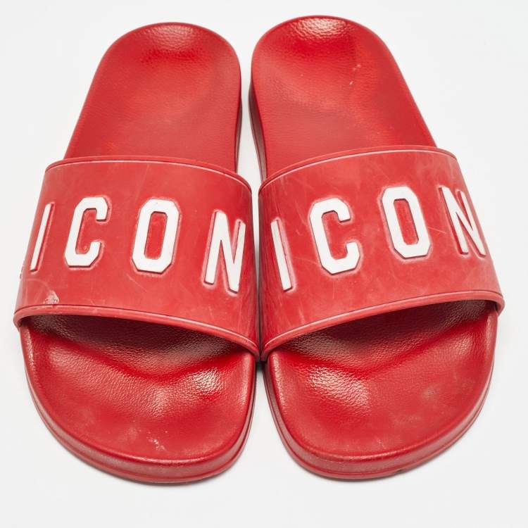 Pre Owned Dsquared Red Rubber Icon Embossed Beach Slides Size 41
