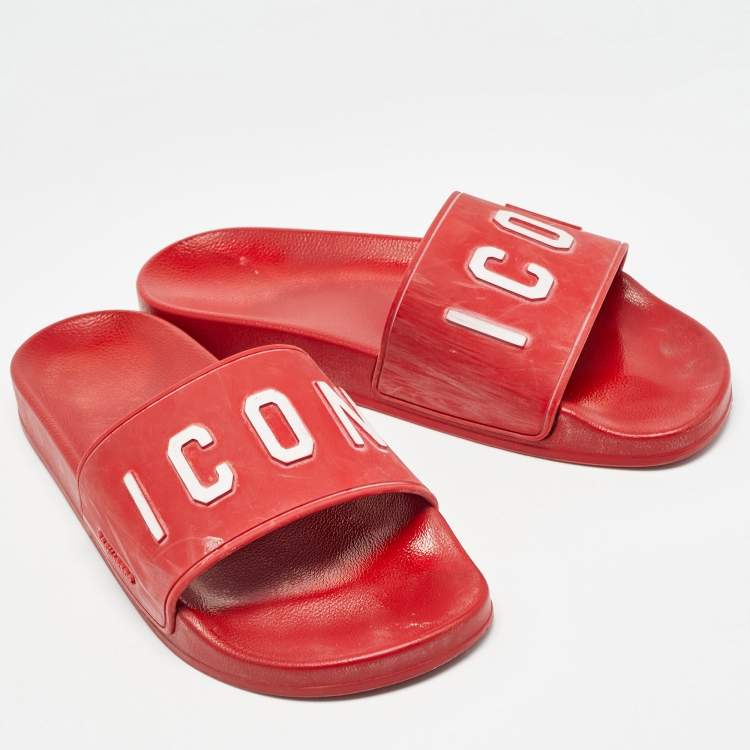 Pre Owned Dsquared Red Rubber Icon Embossed Beach Slides Size 41