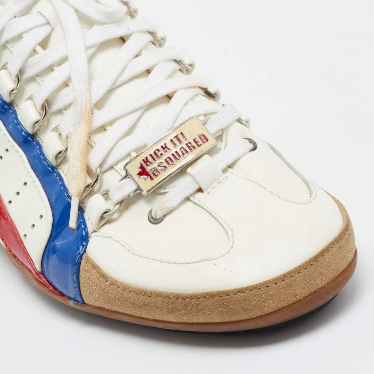 Pre Owned Dsquared2 White/Tricolor Leather and Patent Low Top Sneakers Size 43