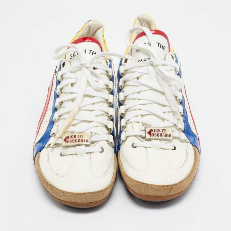 Pre Owned Dsquared2 White/Tricolor Leather and Patent Low Top Sneakers Size 43