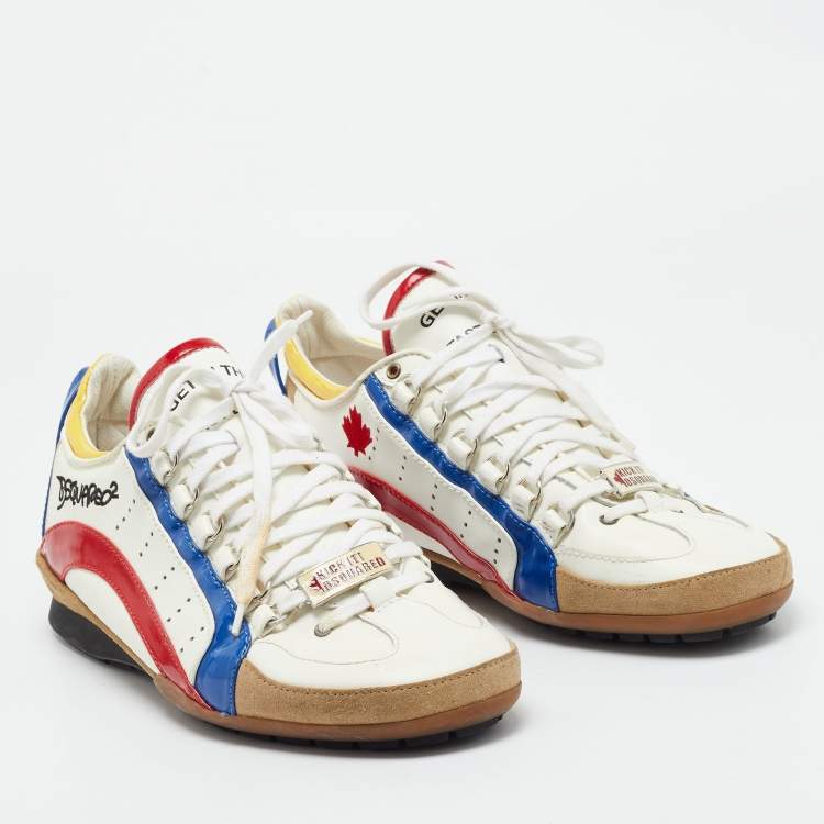 Pre Owned Dsquared2 White/Tricolor Leather and Patent Low Top Sneakers Size 43
