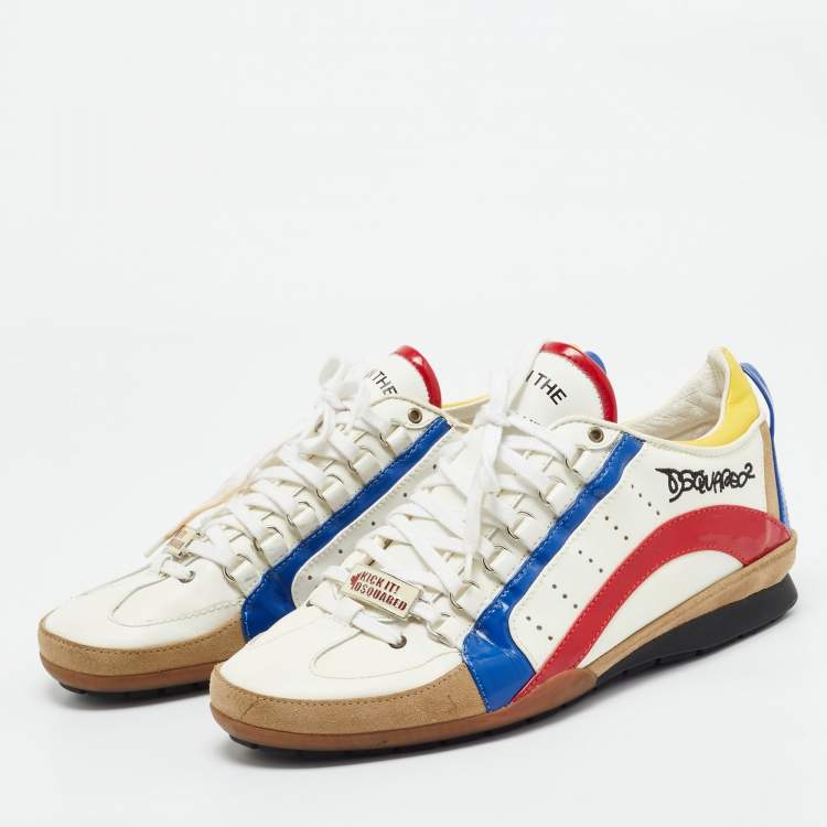 Pre Owned Dsquared2 White/Tricolor Leather and Patent Low Top Sneakers Size 43