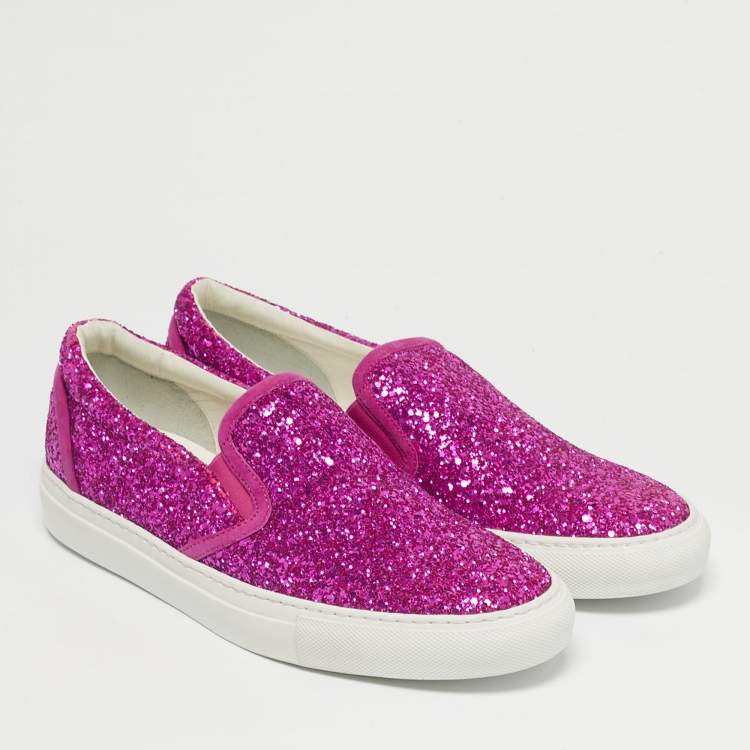 Pre Owned Dsquared2 Pink Glitter Crystal Embellished Slip On Sneakers Size 40