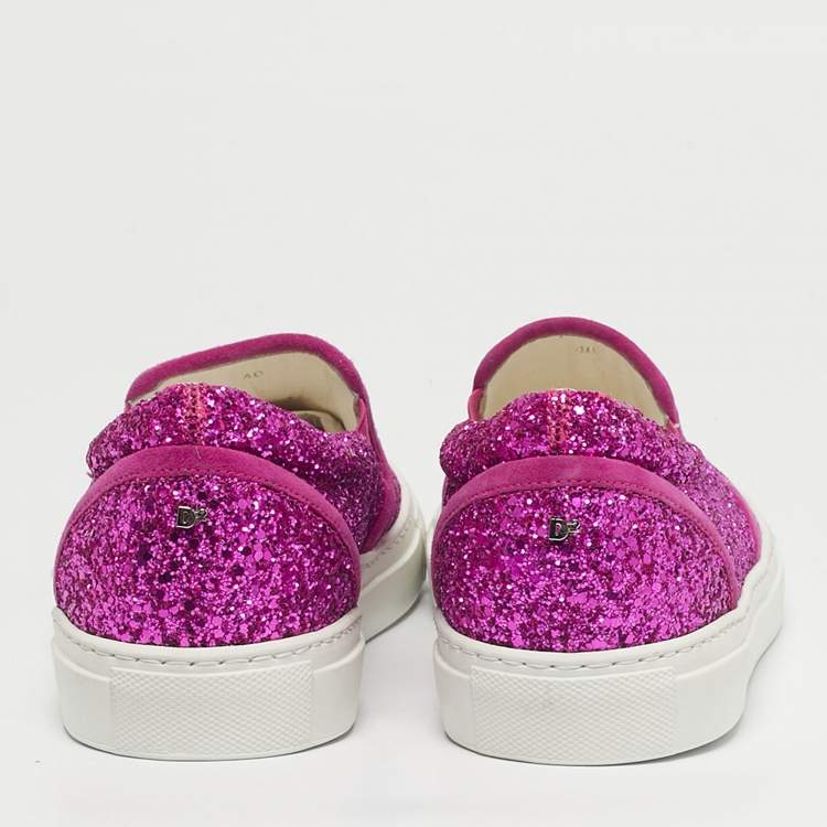 Pre Owned Dsquared2 Pink Glitter Crystal Embellished Slip On Sneakers Size 40