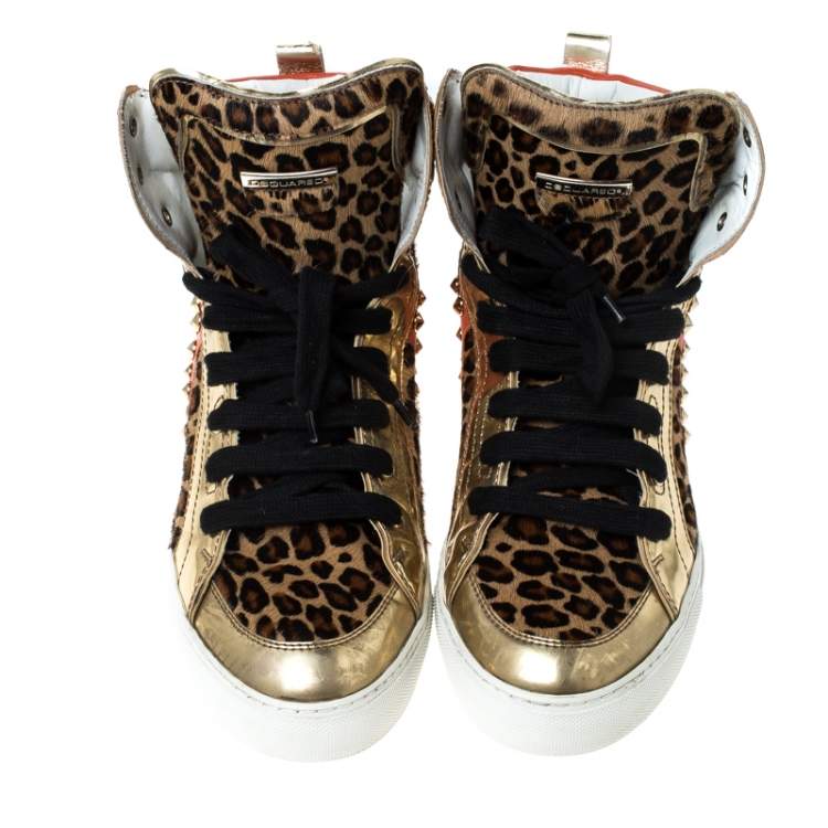 Pre Owned Dsquared2 Multicolor Leopard Print Calfhair and Patent Leather Studded High Top Sneakers Size 43