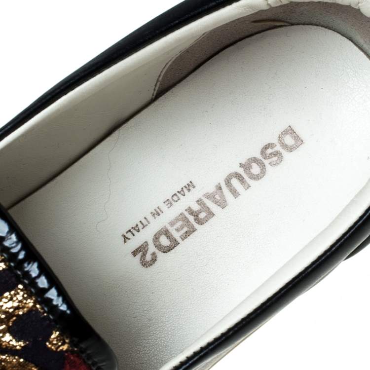 Pre Owned Dsquared2 Black Leather And Brocade Embroidered Fabric Slip On Sneakers Size 40