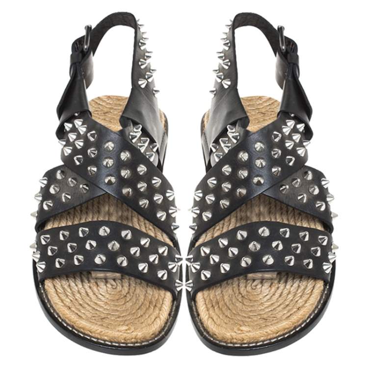 Pre Owned Dsquared2 Black Spiked Leather Cross Ankle Strap Espadrille Flats Size 41