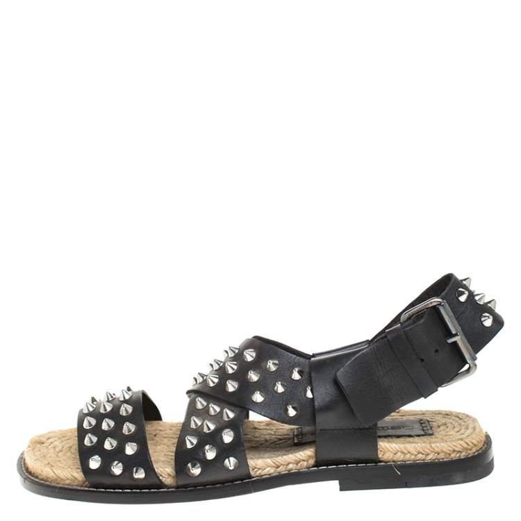 Pre Owned Dsquared2 Black Spiked Leather Cross Ankle Strap Espadrille Flats Size 41