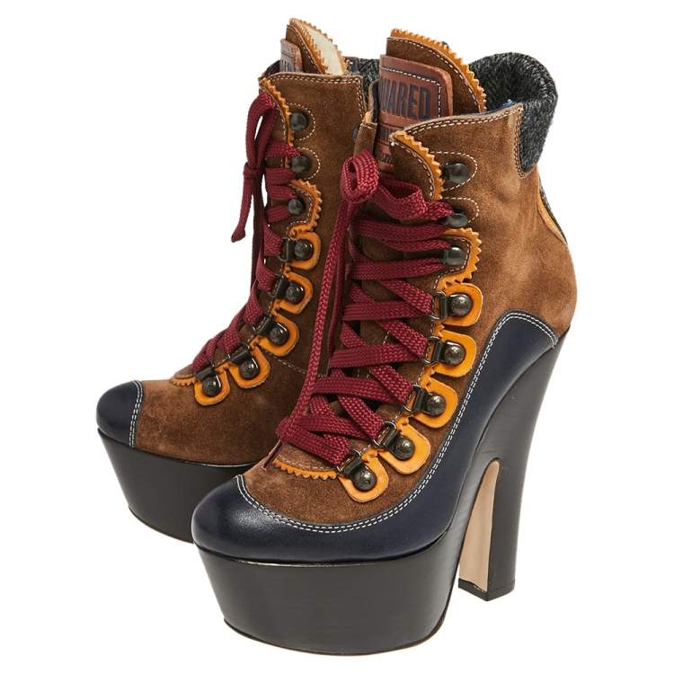 Pre Owned Dsquared2 Brown/Navy Blue Lace Up Ankle Boots Size 36