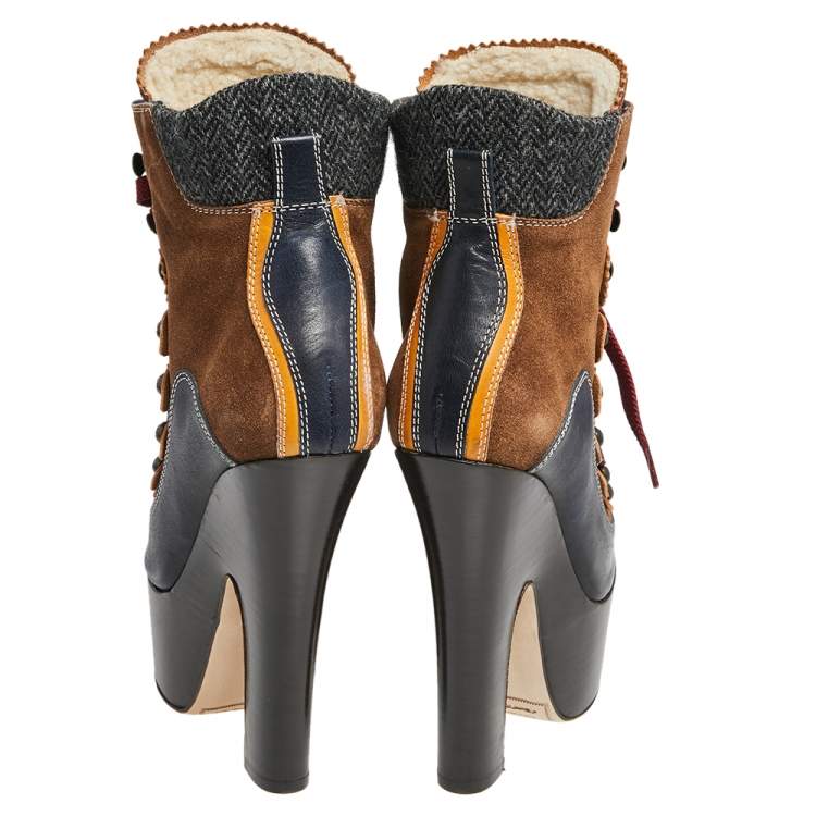 Pre Owned Dsquared2 Brown/Navy Blue Lace Up Ankle Boots Size 36