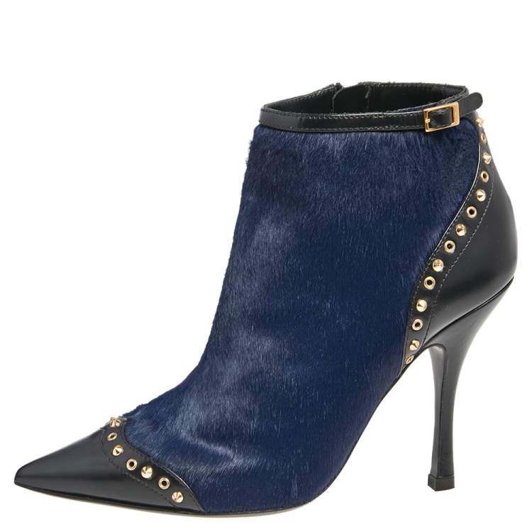 Pre Owned DSquared Navy Blue/Black Calf Hair And Leather Booties Size 37