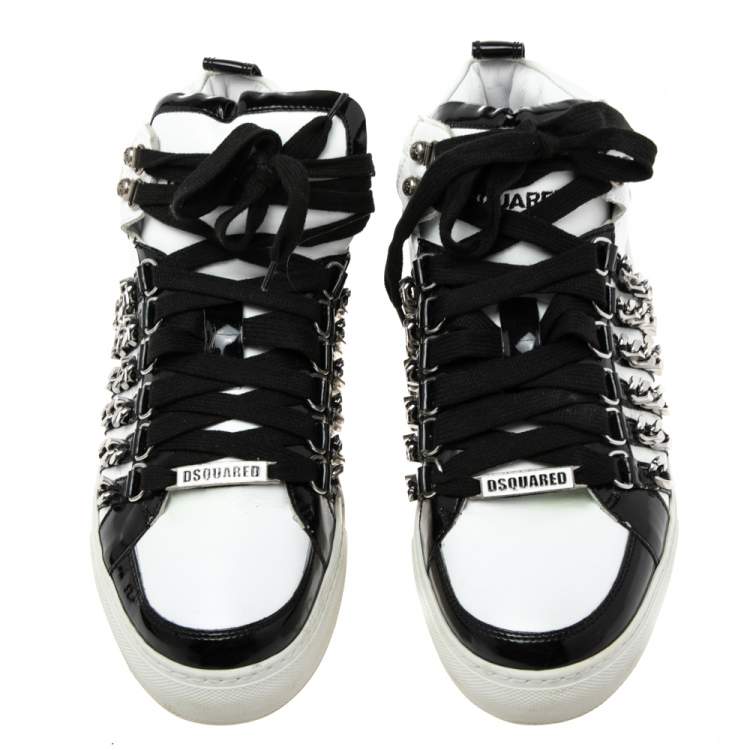 Pre Owned Dsqaured2 Black/White Leather And Patent Leather Chain Embellished High Top Sneakers Size 43 