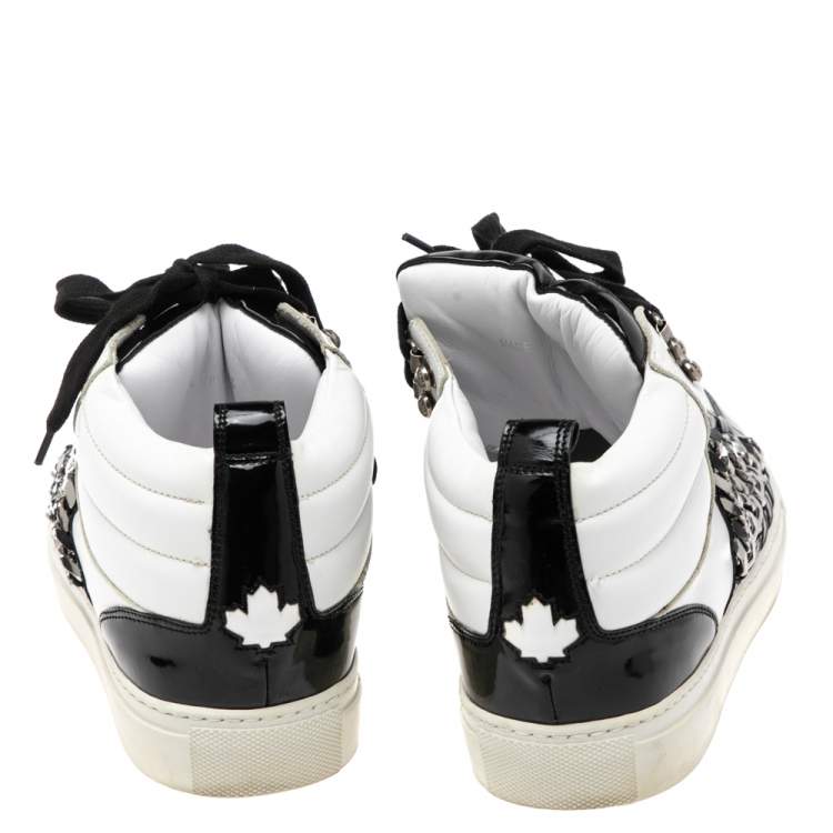 Pre Owned Dsqaured2 Black/White Leather And Patent Leather Chain Embellished High Top Sneakers Size 43 